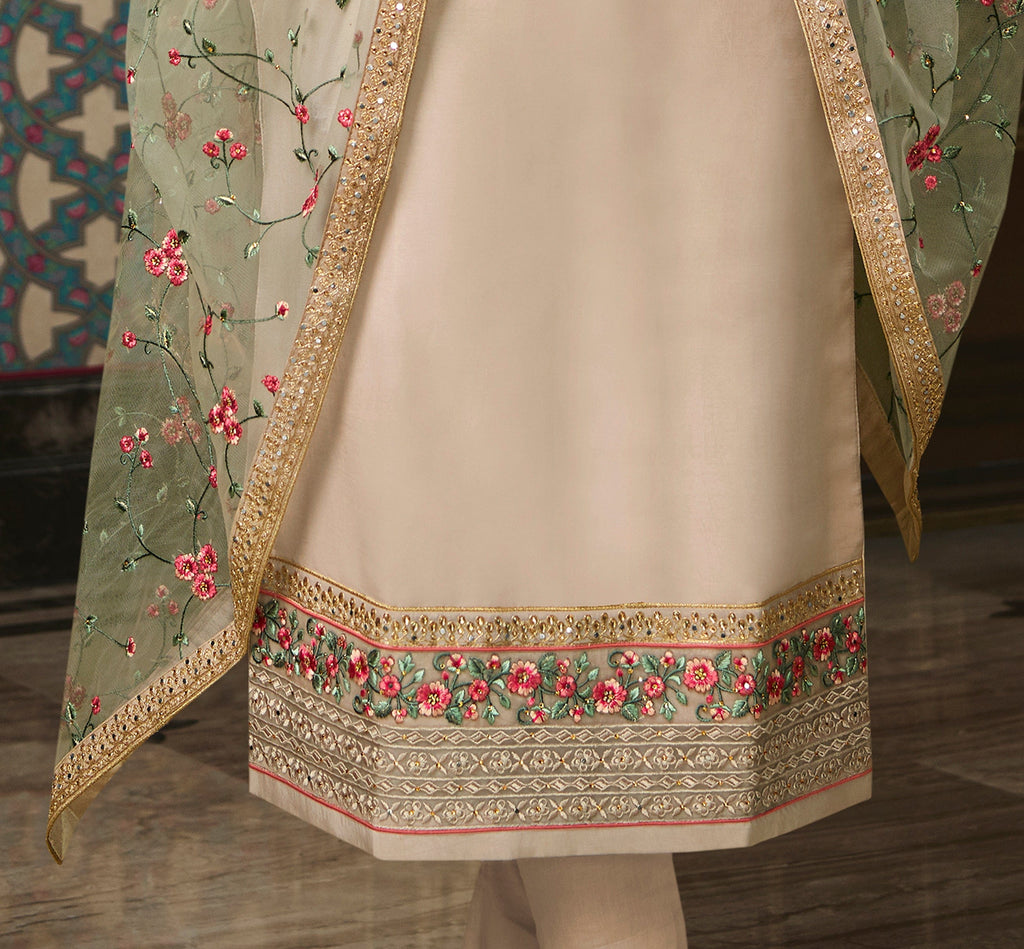 Light Taupe Designer Embroidered Wedding Silk Pant Suit-Saira's Boutique