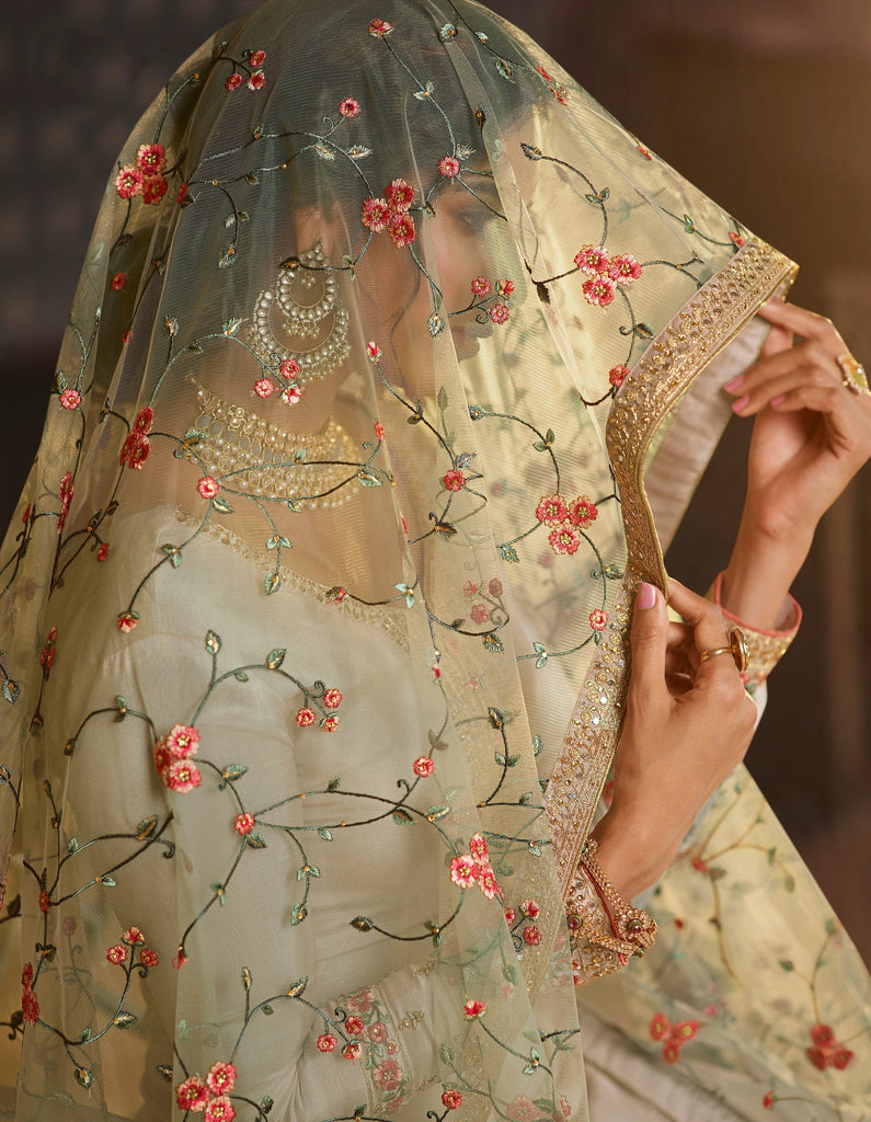 Light Taupe Designer Embroidered Wedding Silk Pant Suit-Saira's Boutique