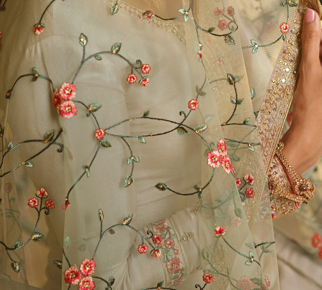 Light Taupe Designer Embroidered Wedding Silk Pant Suit-Saira's Boutique