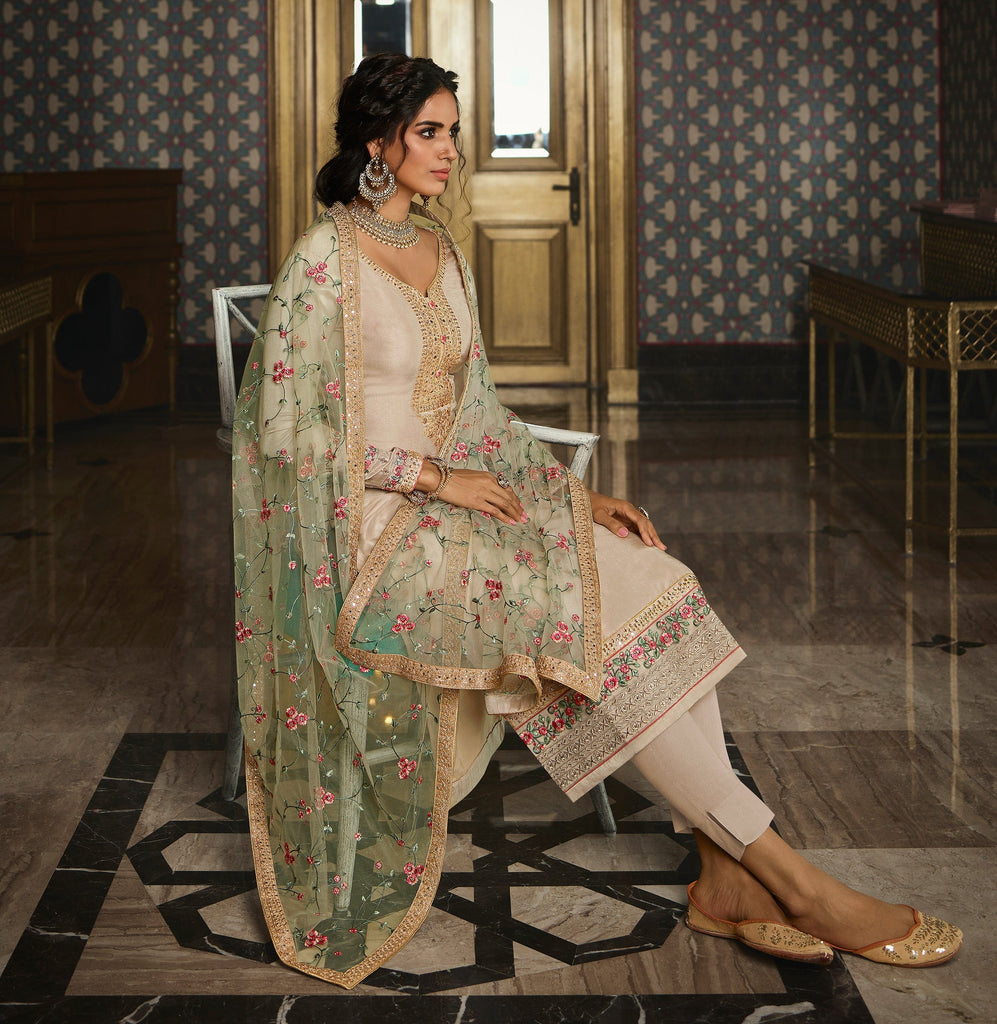 Light Taupe Designer Embroidered Wedding Silk Pant Suit-Saira's Boutique