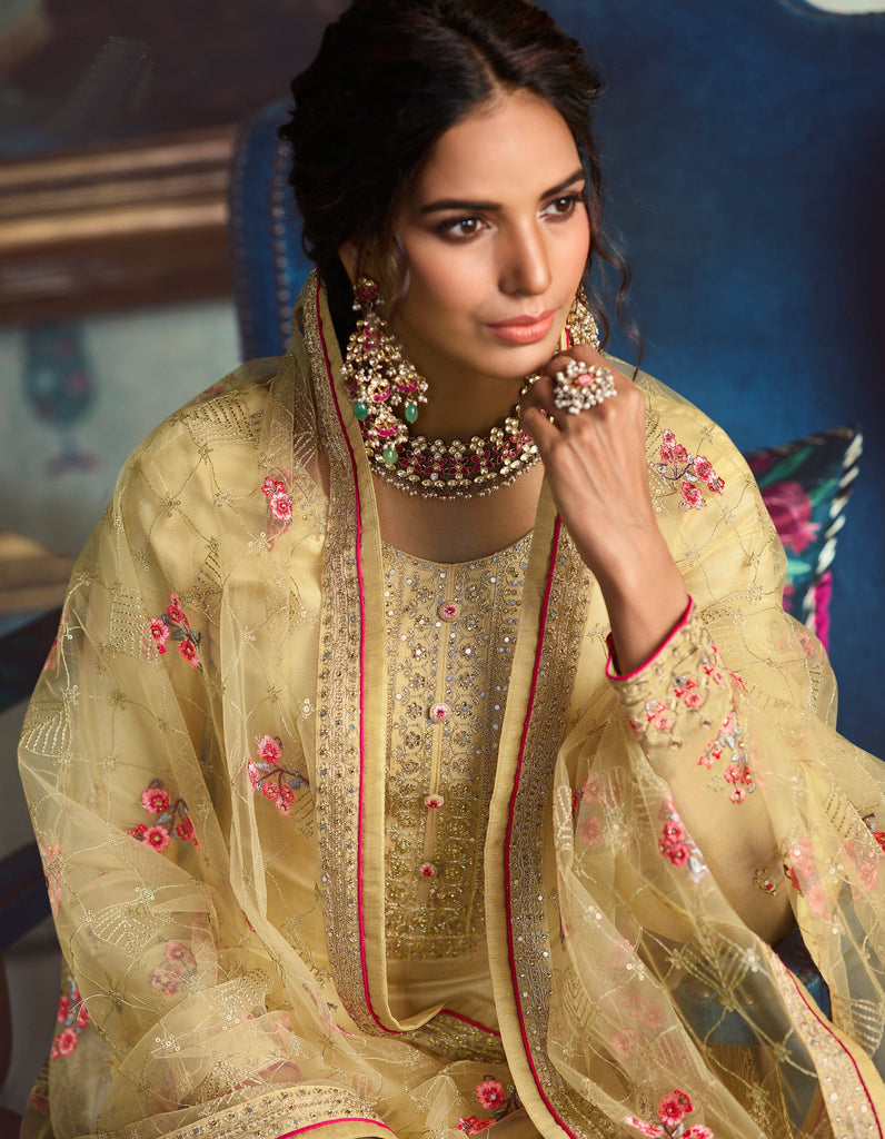 Light Yellow Designer Embroidered Wedding Silk Pant Suit-Saira's Boutique