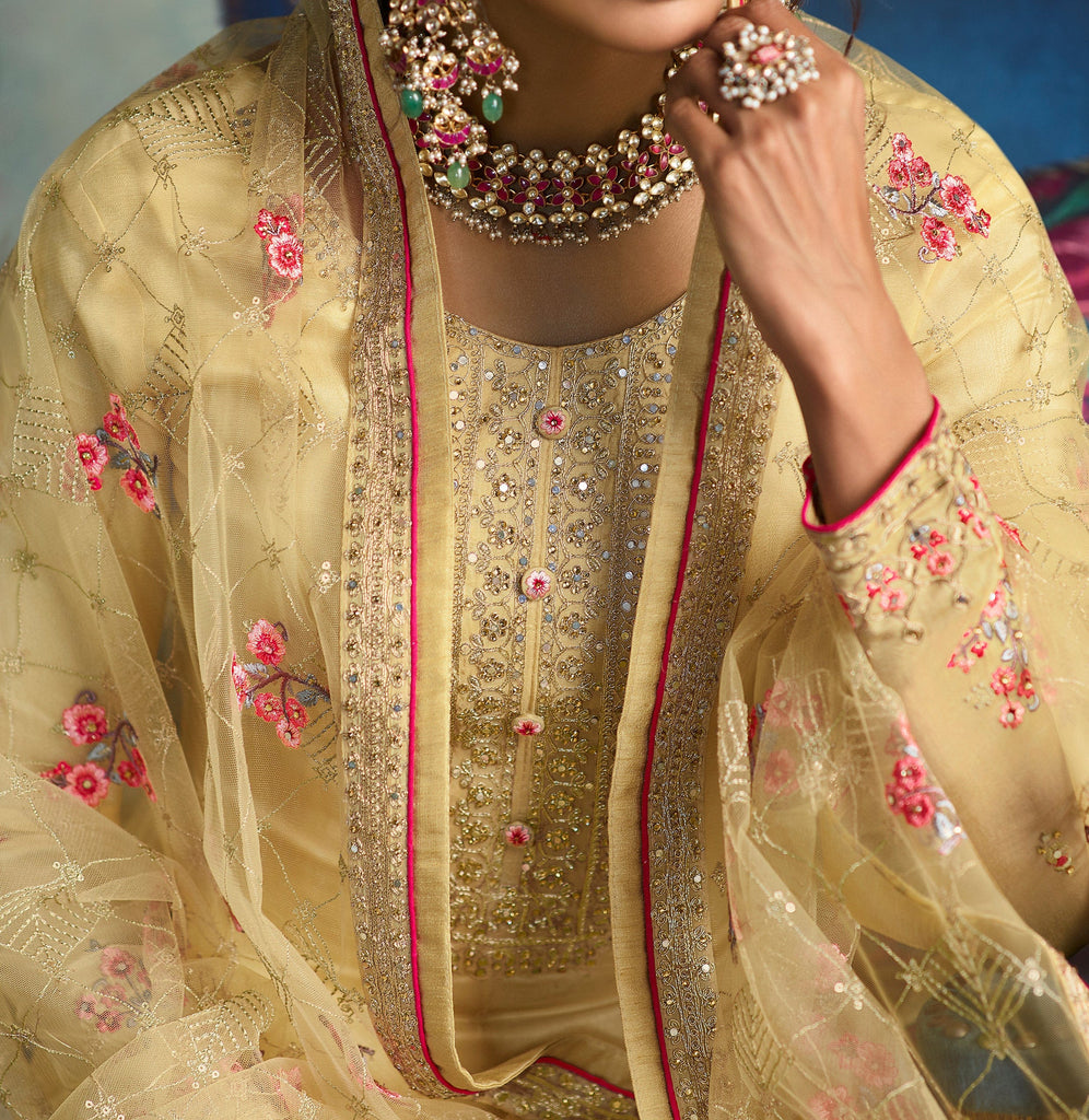 Light Yellow Designer Embroidered Wedding Silk Pant Suit-Saira's Boutique