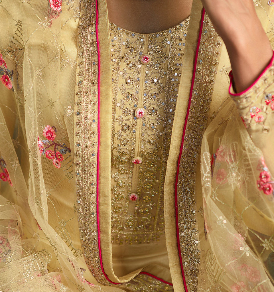 Light Yellow Designer Embroidered Wedding Silk Pant Suit-Saira's Boutique