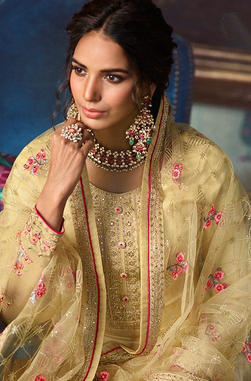 Light Yellow Designer Embroidered Wedding Silk Pant Suit-Saira's Boutique