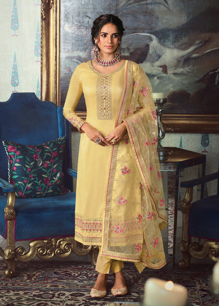Light Yellow Designer Embroidered Wedding Silk Pant Suit-Saira's Boutique