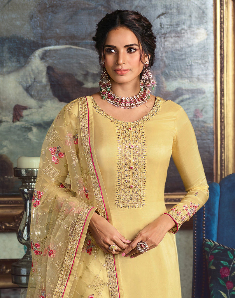 Light Yellow Designer Embroidered Wedding Silk Pant Suit-Saira's Boutique