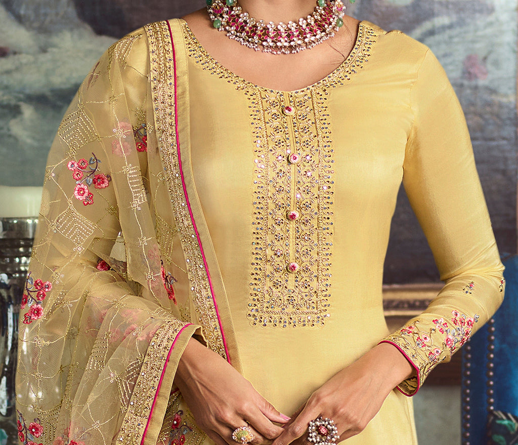 Light Yellow Designer Embroidered Wedding Silk Pant Suit-Saira's Boutique