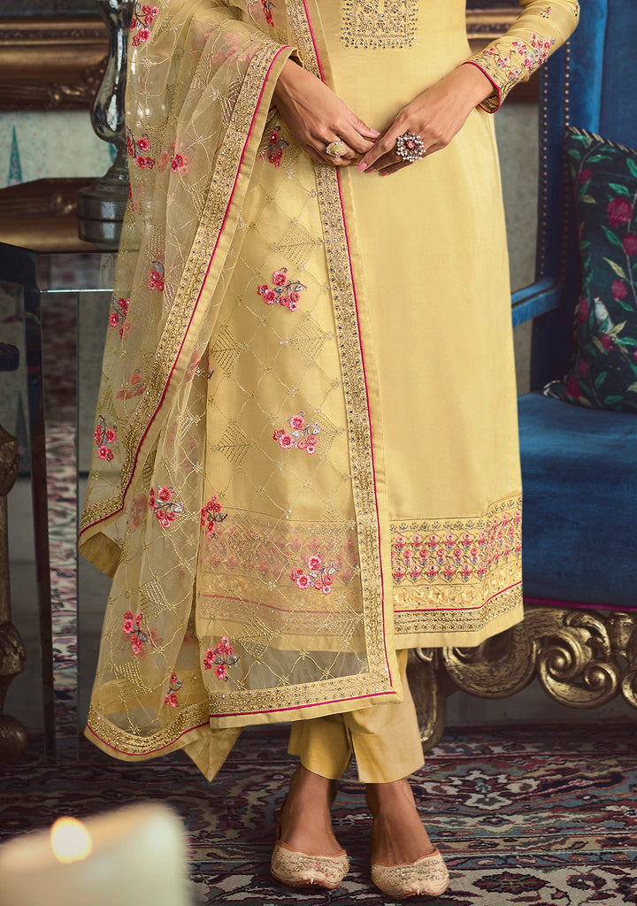 Light Yellow Designer Embroidered Wedding Silk Pant Suit-Saira's Boutique
