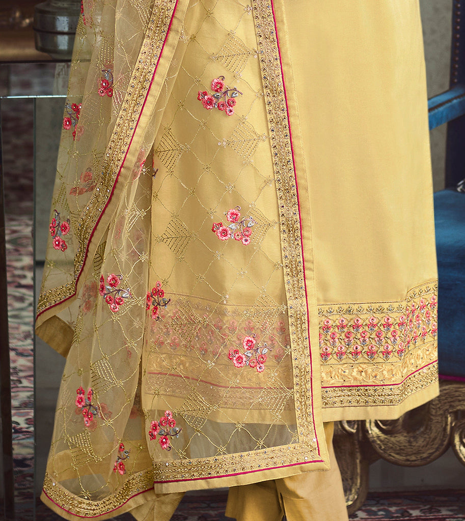 Light Yellow Designer Embroidered Wedding Silk Pant Suit-Saira's Boutique