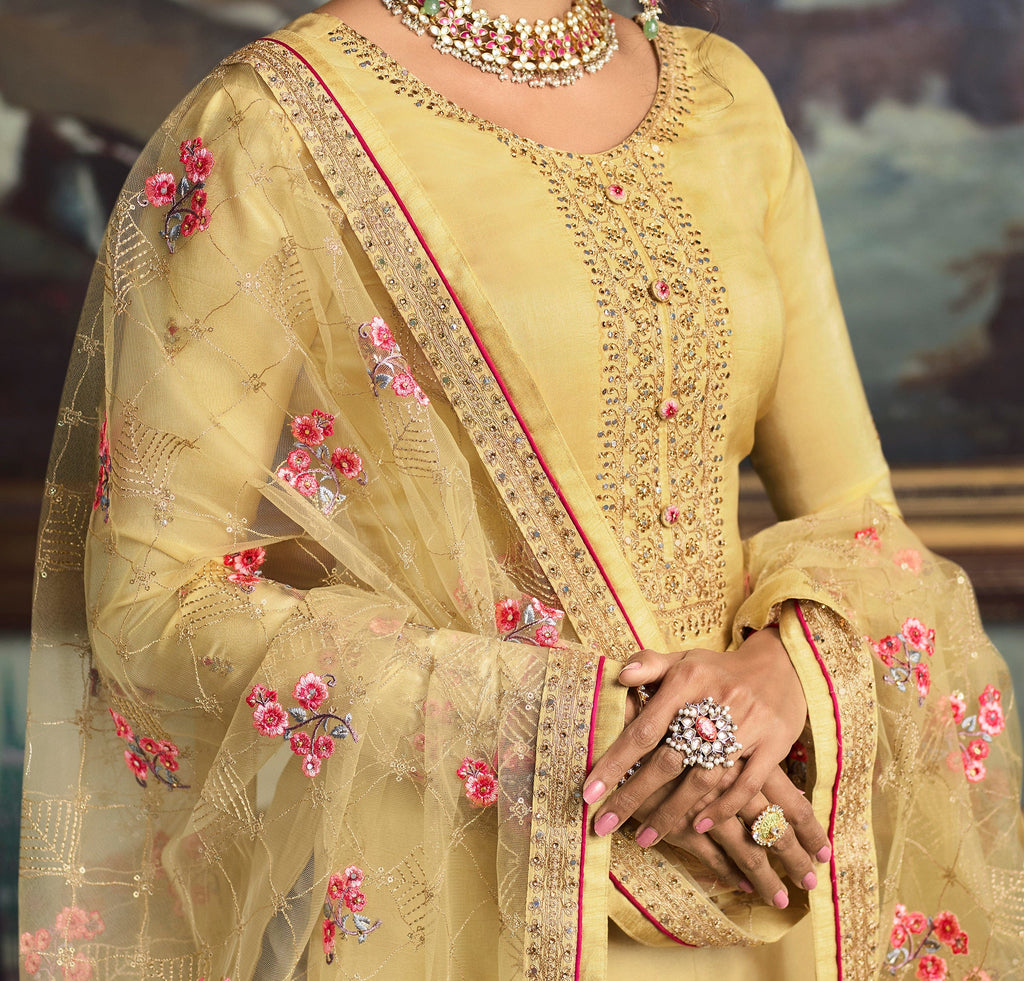 Light Yellow Designer Embroidered Wedding Silk Pant Suit-Saira's Boutique