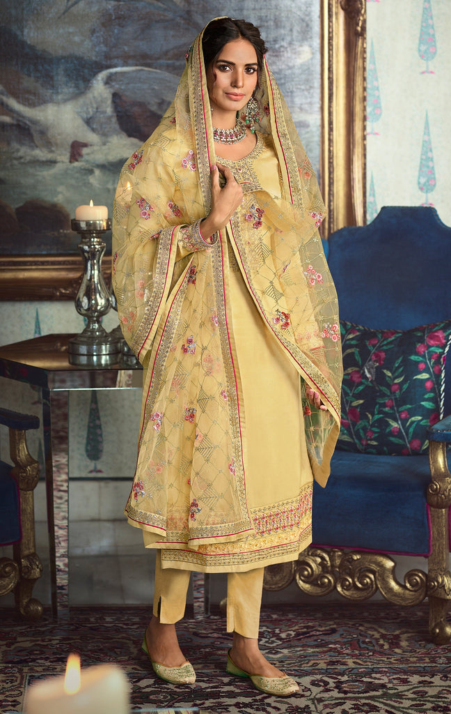 Light Yellow Designer Embroidered Wedding Silk Pant Suit-Saira's Boutique