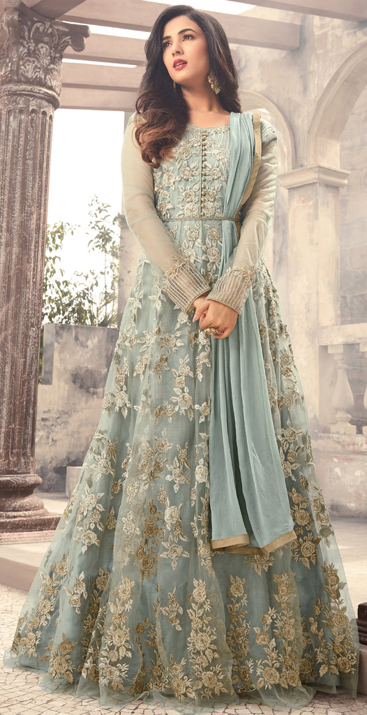 Light Blue Designer Embroidered Net Anarkali Suit-Saira's Boutique