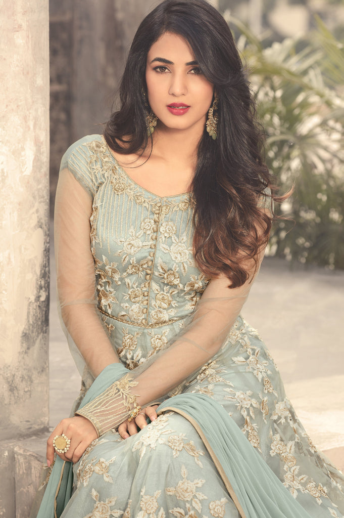 Light Blue Designer Embroidered Net Anarkali Suit-Saira's Boutique