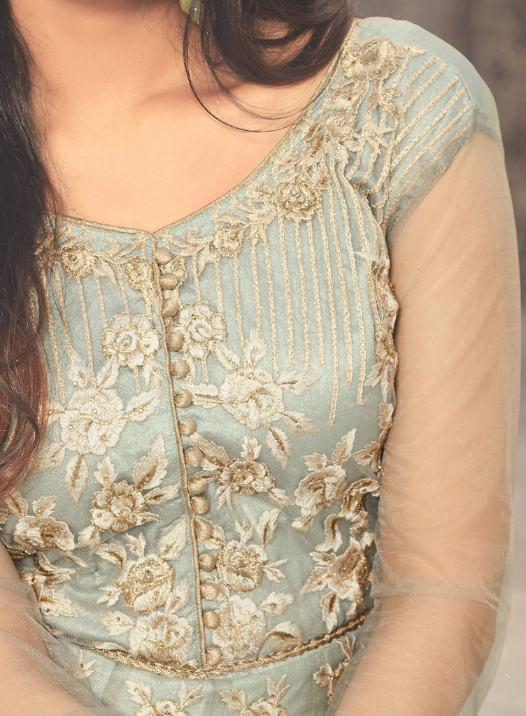 Light Blue Designer Embroidered Net Anarkali Suit-Saira's Boutique
