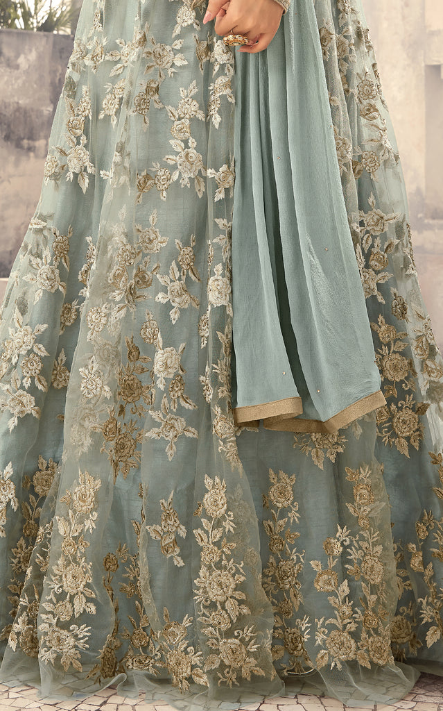 Light Blue Designer Embroidered Net Anarkali Suit-Saira's Boutique