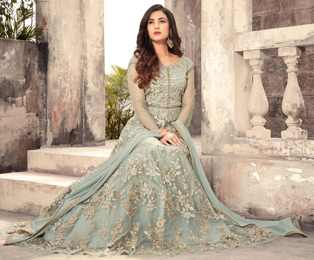 Light Blue Designer Embroidered Net Anarkali Suit-Saira's Boutique