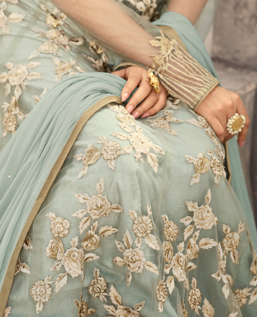 Light Blue Designer Embroidered Net Anarkali Suit-Saira's Boutique