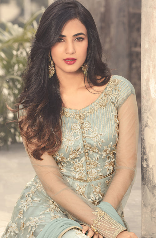 Light Blue Designer Embroidered Net Anarkali Suit-Saira's Boutique