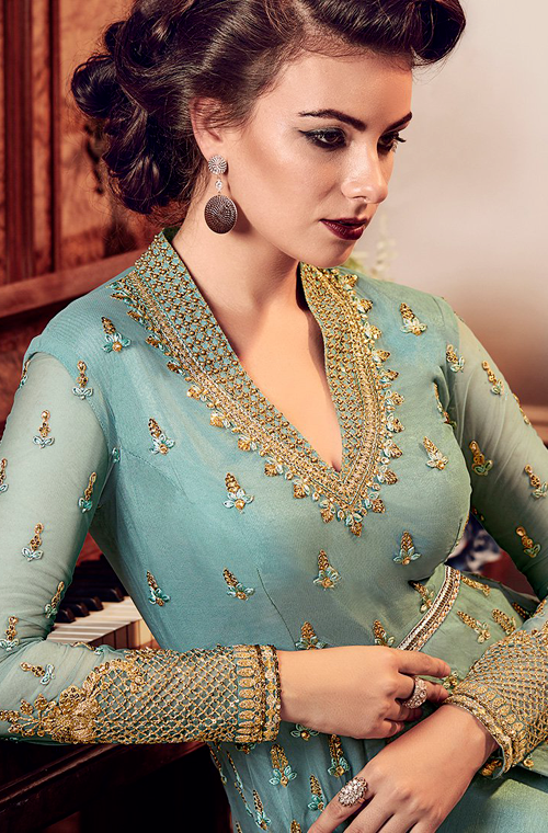 Light Blue Designer Heavy Embroidered Net Bridal Pant Style Anarkali Suit-Saira's Boutique