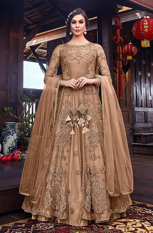 Light Brown Designer Embroidered Satin Bridal Anarkali Gown