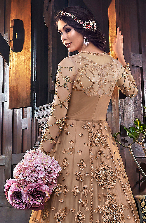 Light Brown Designer Embroidered Satin Bridal Anarkali Gown-Saira's Boutique