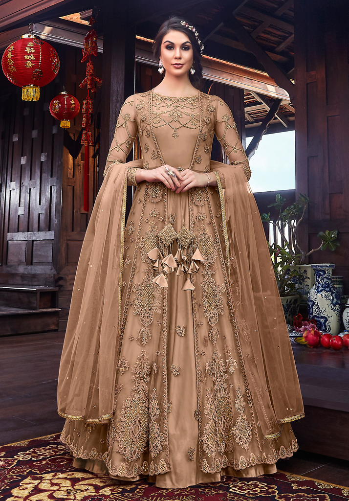 Light Brown Designer Embroidered Satin Bridal Anarkali Gown-Saira's Boutique