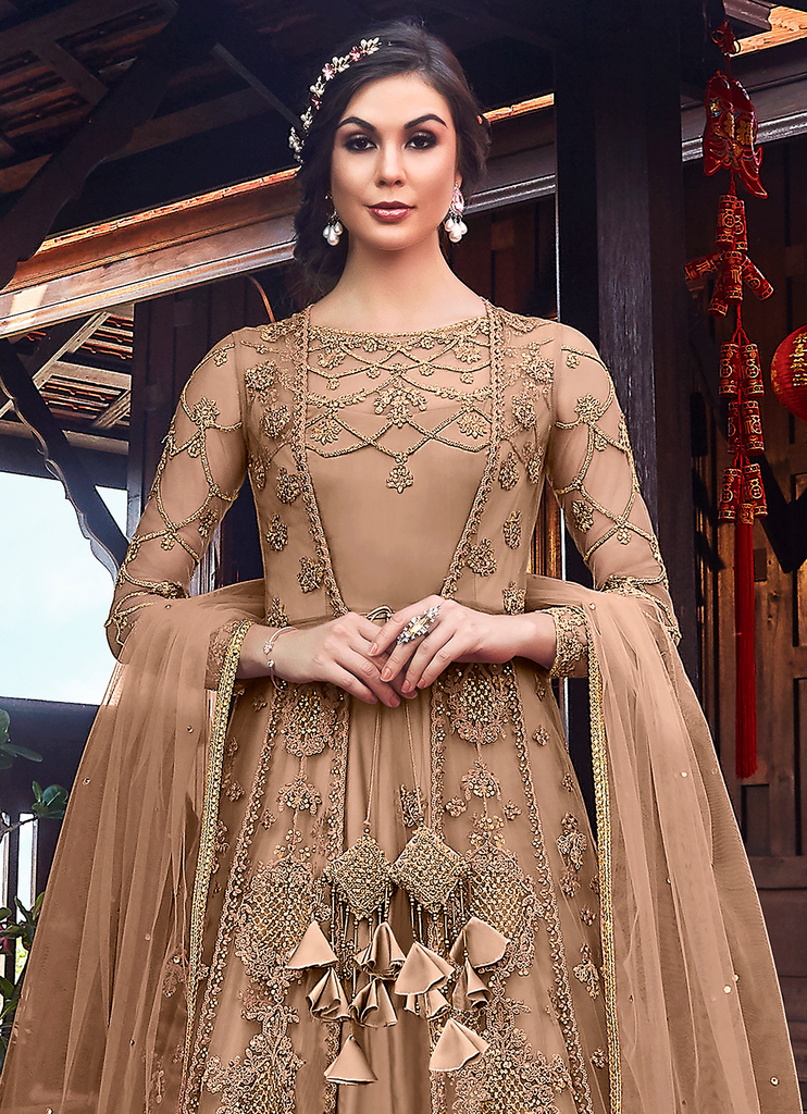 Light Brown Designer Embroidered Satin Bridal Anarkali Gown-Saira's Boutique