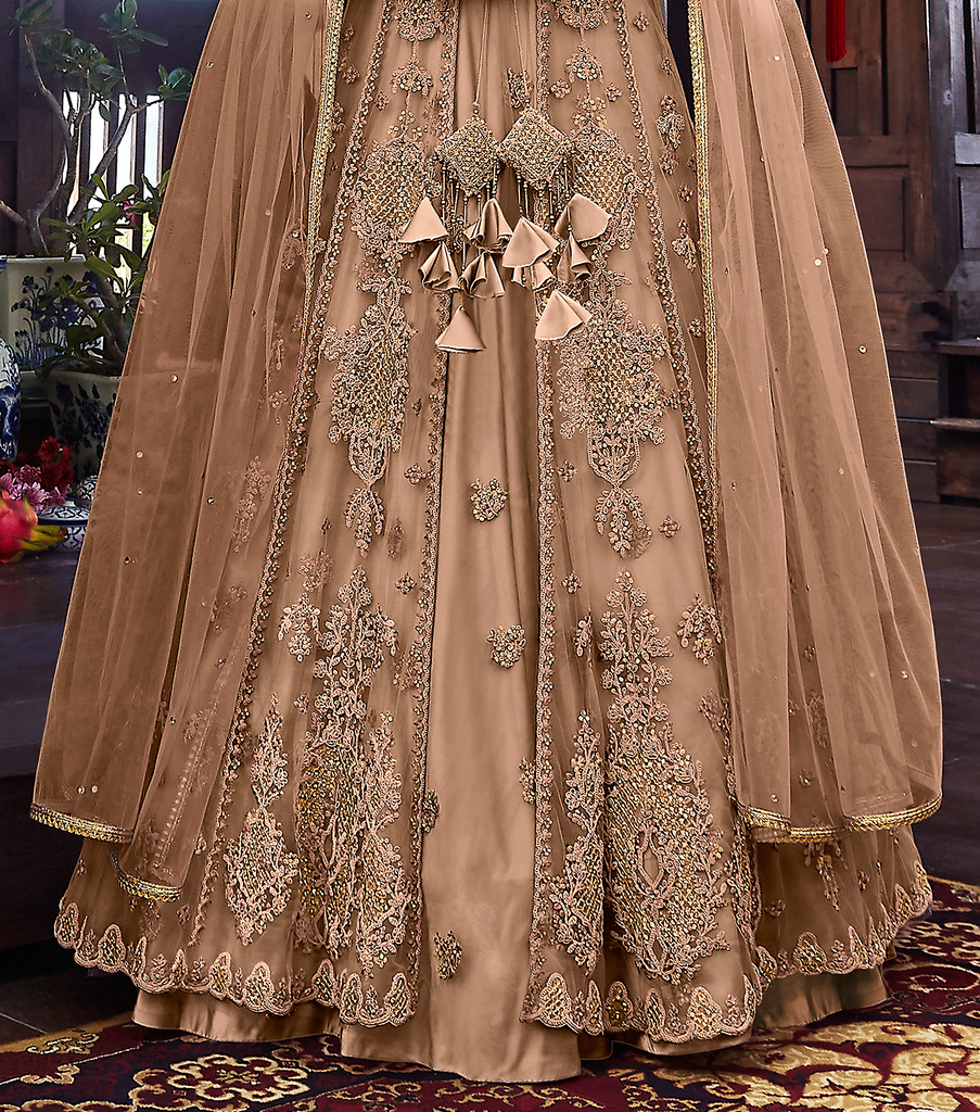 Light Brown Designer Embroidered Satin Bridal Anarkali Gown-Saira's Boutique