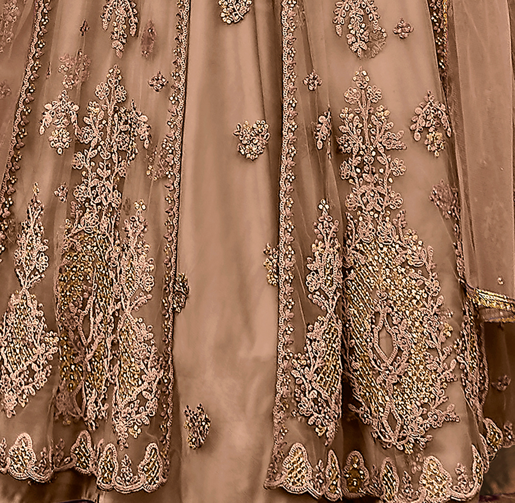 Light Brown Designer Embroidered Satin Bridal Anarkali Gown-Saira's Boutique