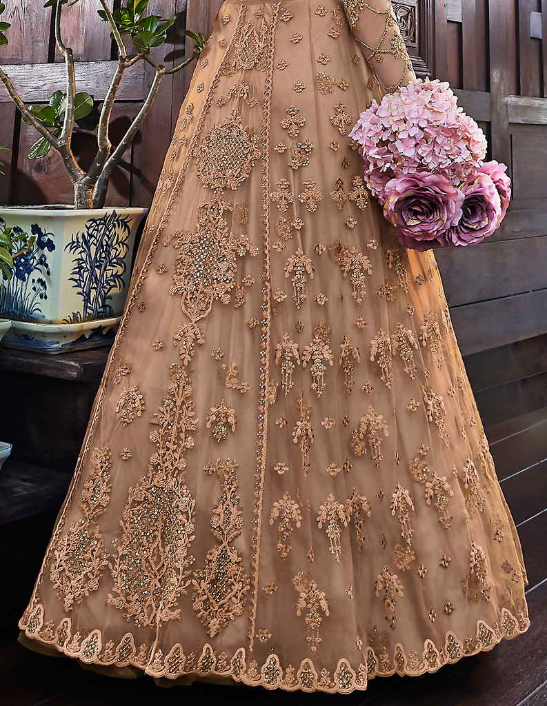 Beige Gold Designer Heavy Embroidered Wedding Anarkali Gown | Saira's  Boutique