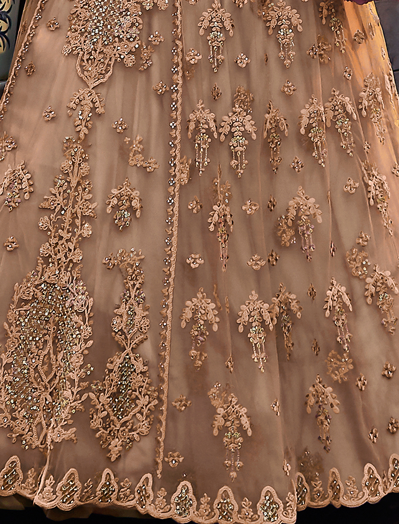 Light Brown Designer Embroidered Satin Bridal Anarkali Gown-Saira's Boutique