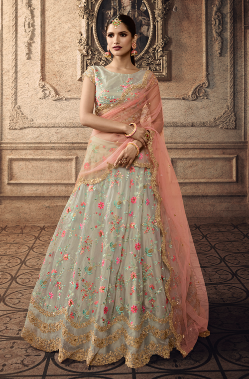 Light Gray Peach Designer Heavy Embroidered Silk Wedding Lehenga Saira s Boutique