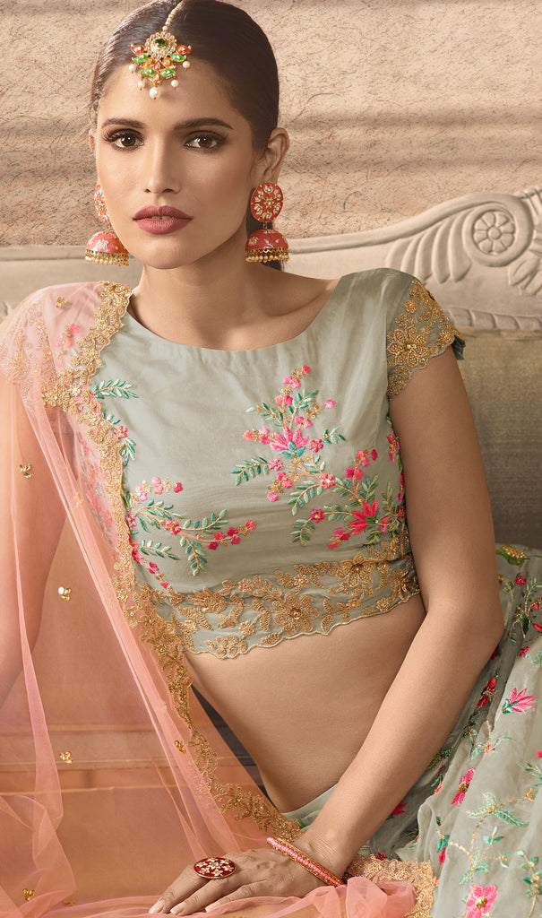 Light Gray & Peach Designer Heavy Embroidered Silk Wedding Lehenga-Saira's Boutique