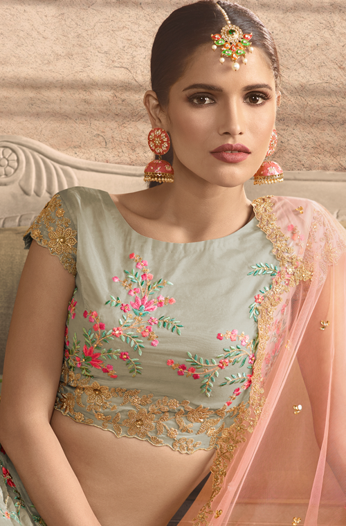 Light Gray & Peach Designer Heavy Embroidered Silk Wedding Lehenga-Saira's Boutique