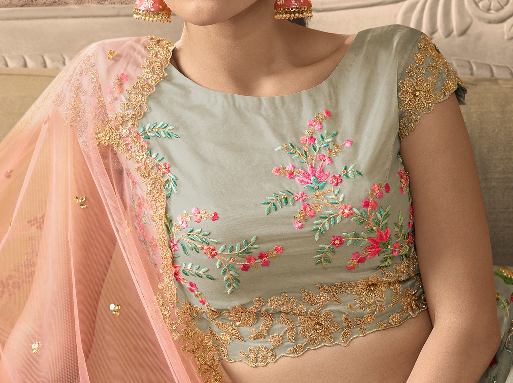 Light Gray & Peach Designer Heavy Embroidered Silk Wedding Lehenga-Saira's Boutique