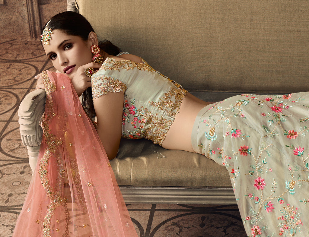 Light Gray & Peach Designer Heavy Embroidered Silk Wedding Lehenga-Saira's Boutique