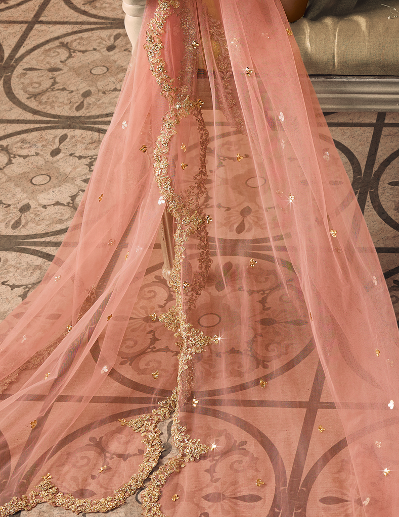 Light Gray & Peach Designer Heavy Embroidered Silk Wedding Lehenga-Saira's Boutique