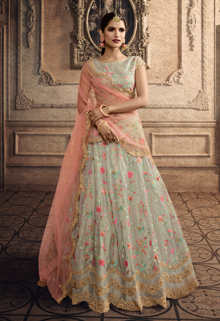 Light Gray & Peach Designer Heavy Embroidered Silk Wedding Lehenga-Saira's Boutique