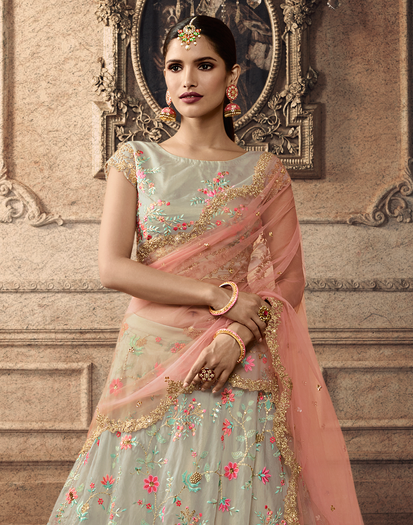 Light Gray & Peach Designer Heavy Embroidered Silk Wedding Lehenga-Saira's Boutique