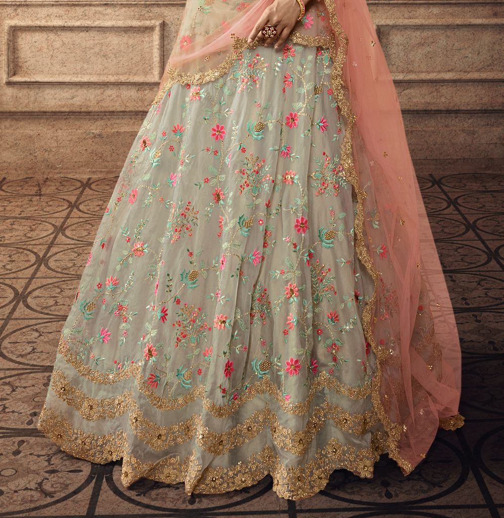 Light Gray & Peach Designer Heavy Embroidered Silk Wedding Lehenga-Saira's Boutique