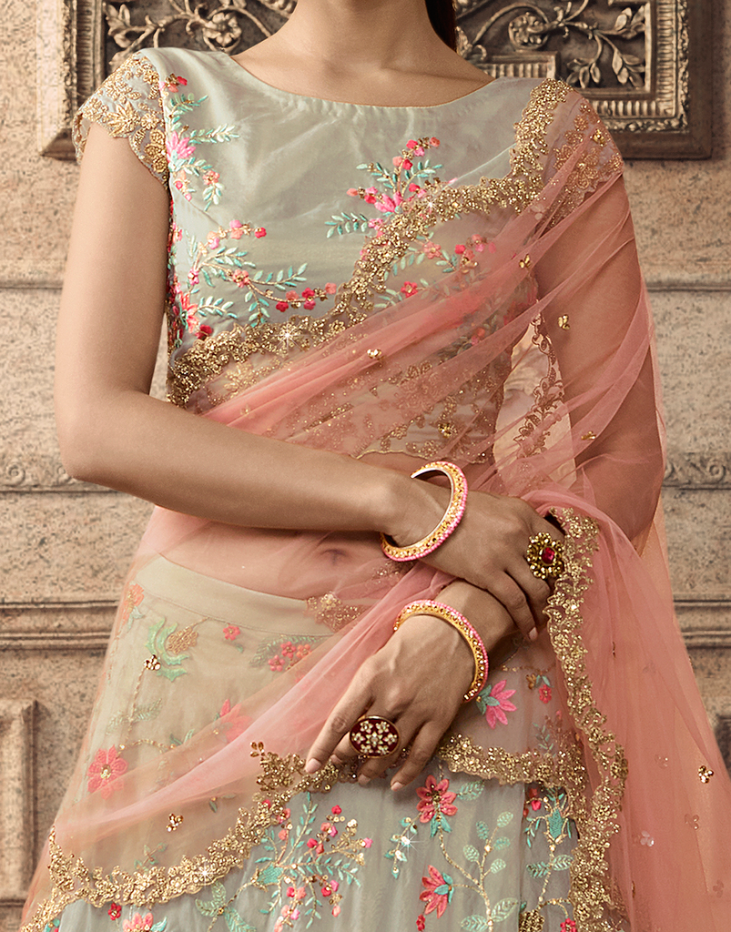 Light Gray & Peach Designer Heavy Embroidered Silk Wedding Lehenga-Saira's Boutique