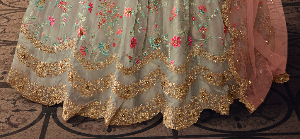 Light Gray & Peach Designer Heavy Embroidered Silk Wedding Lehenga-Saira's Boutique