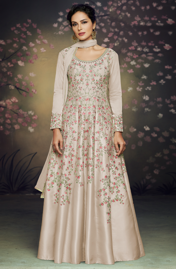 Light Ivory Beige Designer Embroidered Satin Silk Anarkali Gown-Saira's Boutique