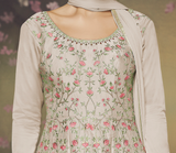 Light Ivory Beige Designer Embroidered Satin Silk Anarkali Gown-Saira's Boutique