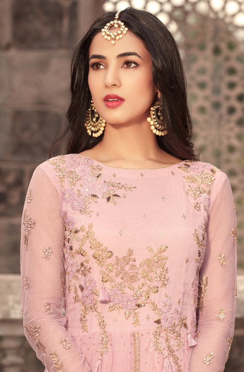 Light Pink Designer Embroidered Net Anarkali Suit-Saira's Boutique
