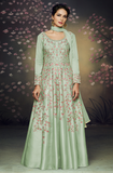 Light Pista Green Designer Embroidered Satin Silk Anarkali Gown-Saira's Boutique