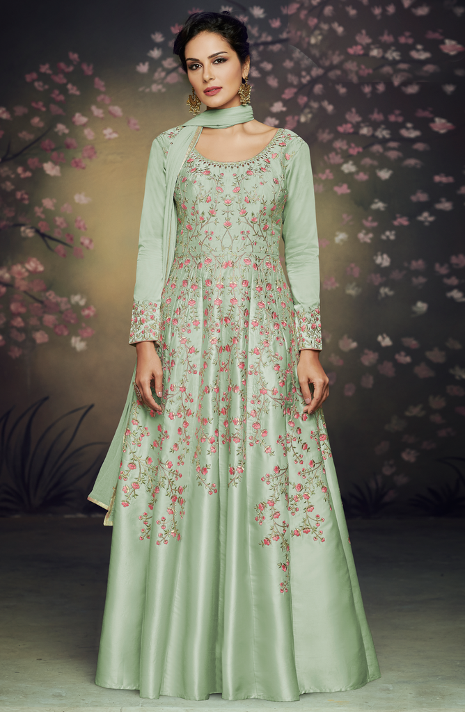 Light Pista Green Designer Embroidered Satin Silk Anarkali Gown-Saira's Boutique