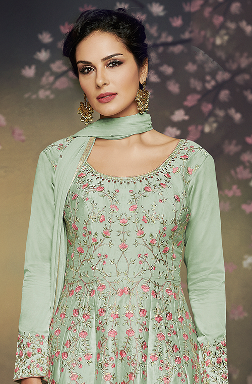 Light Pista Green Designer Embroidered Satin Silk Anarkali Gown-Saira's Boutique