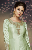 Light Sea Green Designer Embroidered Satin Silk Anarkali Gown-Saira's Boutique