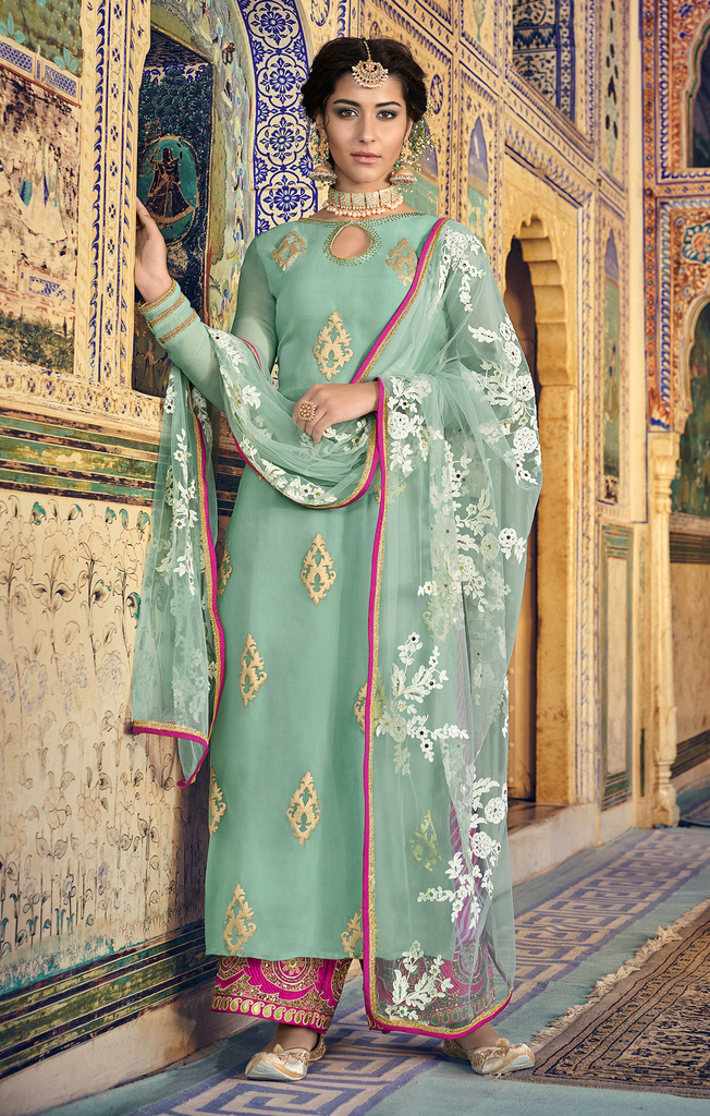Light Sea Green & Hot Pink Designer Embroidered Georgette Palazzo Suit-Saira's Boutique